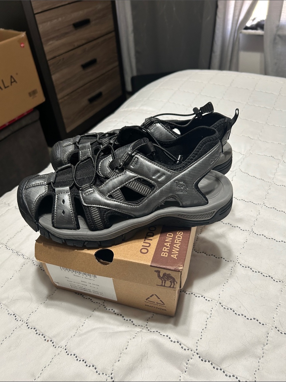 Camel Hiking Men’s Black and Gray Outdoor Sport Sandals with Quick-Adjust Bungee